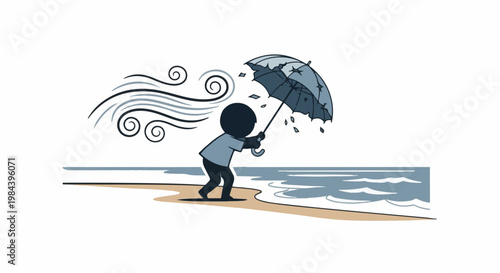 A person struggles with an umbrella against strong winds on a beach by the sea