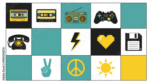 Retro 80s and 90s Pop Culture Icons Collage: Cassette, Boombox, Game Controller