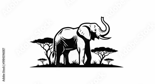 Stylized black and white illustration of an elephant in its natural habitat