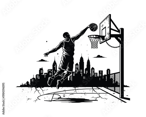 basketball dunk silhouette, basketball player silhouette vector, city skyline basketball silhouette, urban basketball vector illustration, street basketball silhouette, slam dunk vector silhouette,