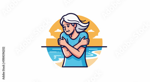 Person shivering on a beach with a worried expression