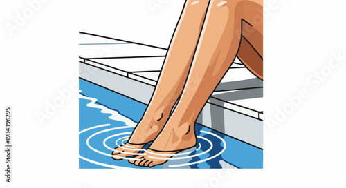 Person's legs and feet dip into blue water creating ripples