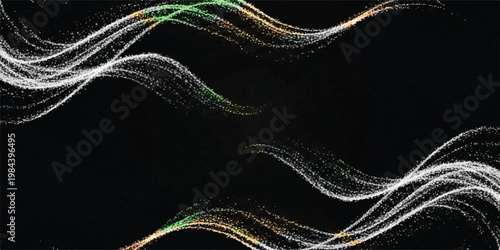 Abstract flowing light particles on black background with green and white tones glitter effect wave pattern swirling design sparkling background dark abstract particles movement