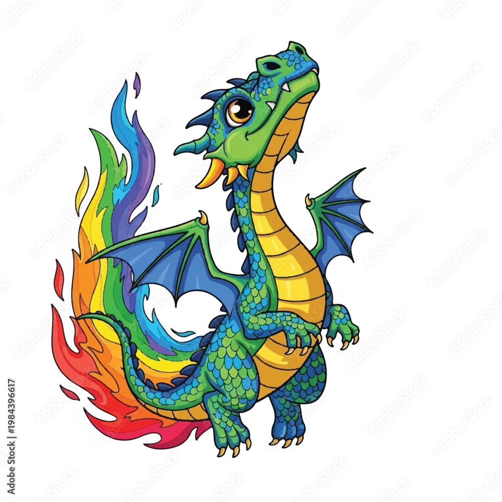 Fototapeta premium Colorful dragon with rainbow tail fire.