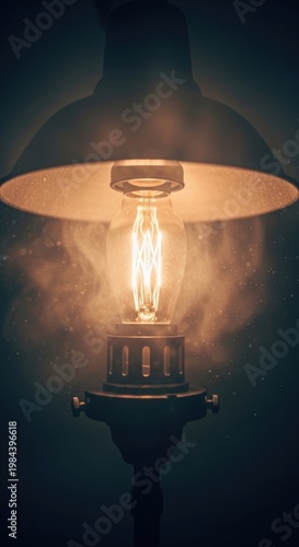 Vintage Lamp Illuminating Dark Room with Warm Glow.