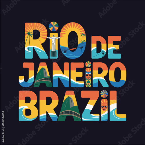 rio de jainero brazil Typography Illustration with Iconic Landmarks
