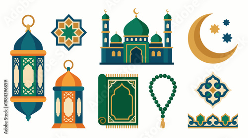 Islamic symbols and mosque architecture under crescent moonlight with lanterns
