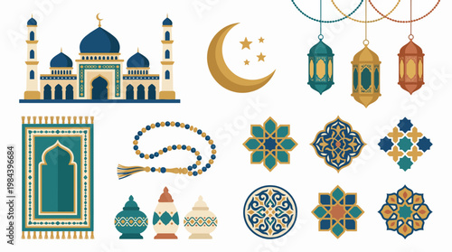 Islamic prayer beads and lanterns hang near a mosque with crescent moon