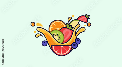 A splash of vibrant orange juice engulfs an assortment of colorful fruits