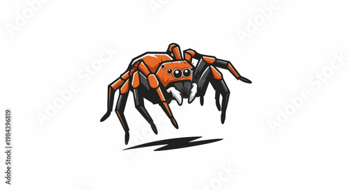 Stylized orange and black jumping spider with large eyes and fangs, casting a shadow