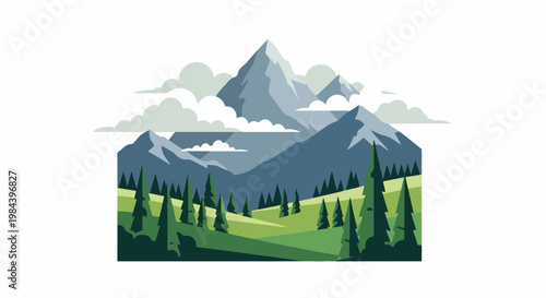 Stylized mountain range with rolling hills and evergreen trees