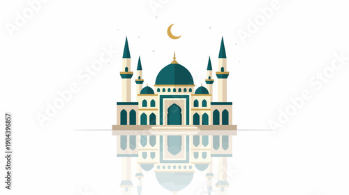 A serene illustration of a mosque with minarets and a crescent moon at night