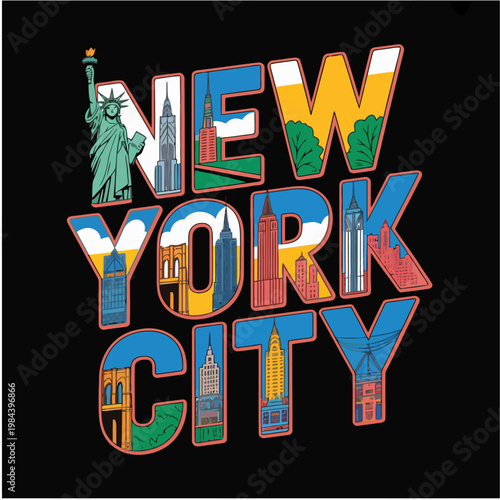 New York City Typography Illustration with Iconic Landmarks