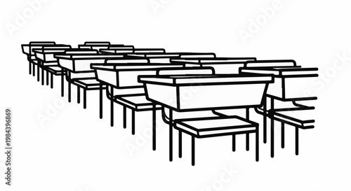 Rows of empty desks and chairs lined up in an academic setting