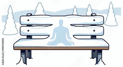Snow-covered park bench in winter, with a meditating figure outlined in the snow