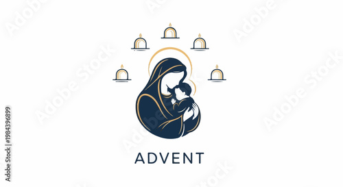 Stylized depiction of Mary holding baby Jesus with candles, word 'Advent'
