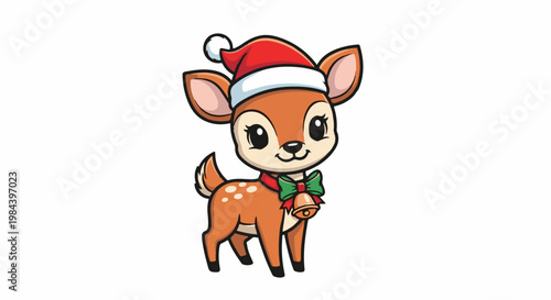 Adorable cartoon deer fawn wearing a Santa hat and bell collar
