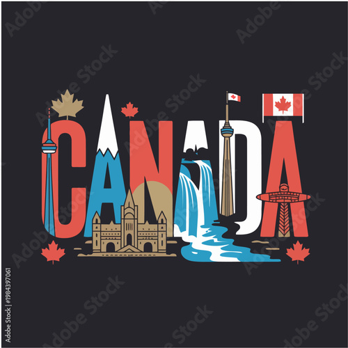 Canada Typography Illustration with Landmarks and Nature Elements