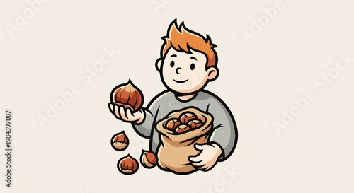 A person with red hair holds nuts in a sack and hand