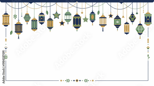 Vibrant lanterns and stars hang from a string in a festive atmosphere.