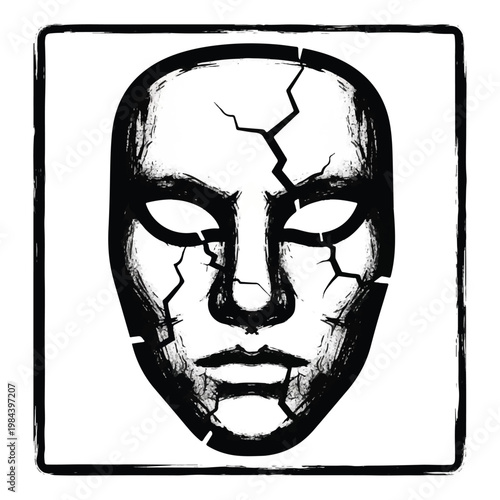 Cracked broken face mask portrait closeup.
