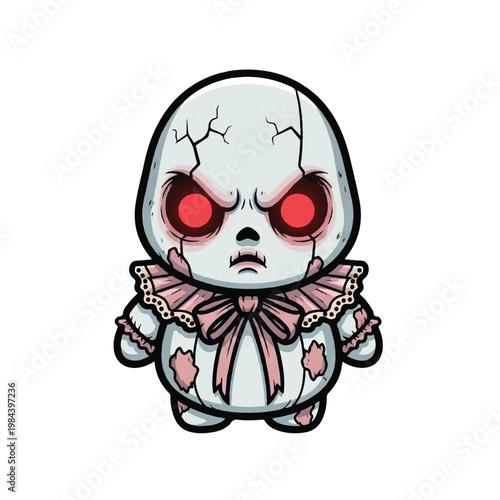 Creepy baby doll with red eyes.