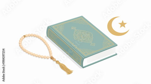 Islamic prayer beads and holy book on a peaceful background with crescent moon