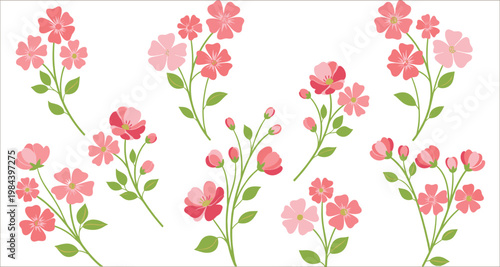 Delicate pink floral pattern illustration with small blooming flowers, green leaves, scattered botanical elements, and soft pastel decorative seamless background design