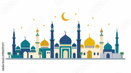 A serene nighttime scene of a mosque complex under a crescent moon