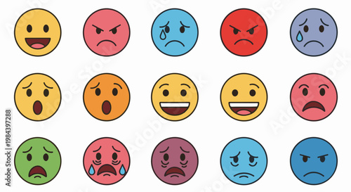 A grid of emojis displays a variety of human emotions with different facial expressions