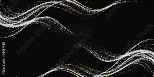 Flowing white and gold light particles on black background with abstract background glitter effect wave pattern swirling design sparkling dark particles abstract movement