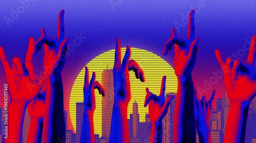 A retro style abstract looping background of lots of spinning posed hands.
