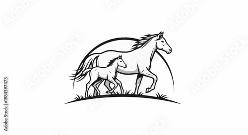 Stylized black and white illustration of a horse and foal running
