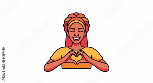 Joyful person forms heart shape with hands, wearing colorful headband