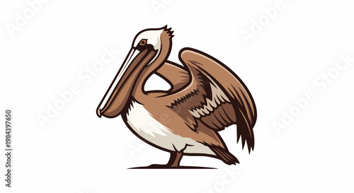 Stylized brown pelican with outstretched wings and large beak