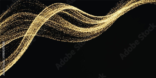Flowing golden glitter particles forming a wave on black with particles abstract background celebration decoration illumination isolated radiance streamer template