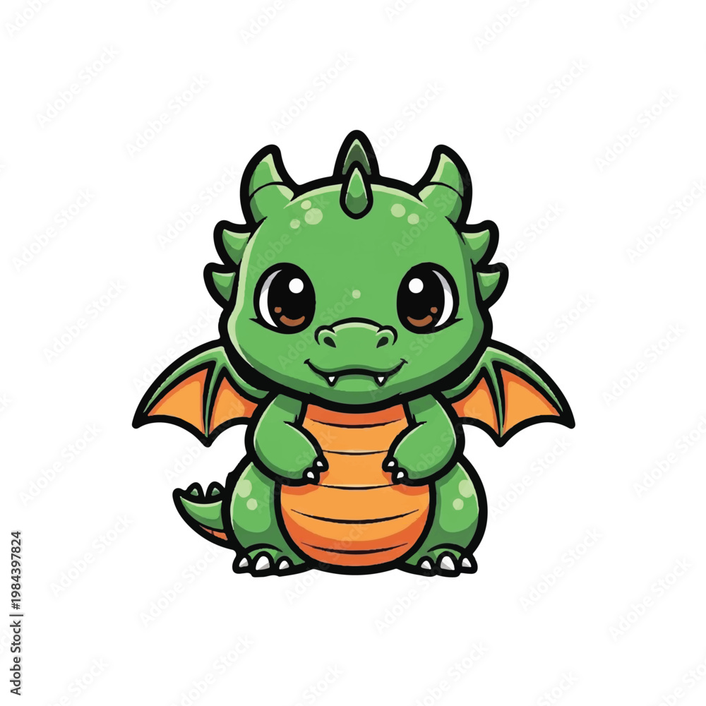 Fototapeta premium Cute Cartoon Green Dragon Sitting Down.