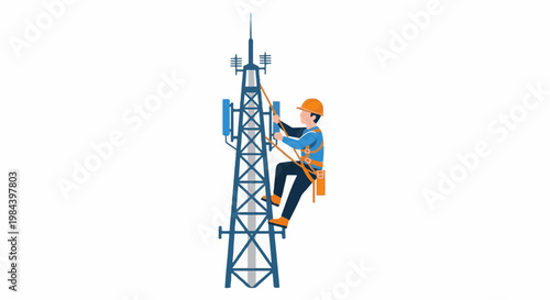 Technician in safety gear climbs cellular tower for maintenance