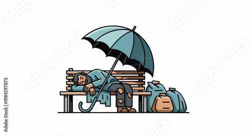 Person sleeping on a bench under an umbrella with belongings