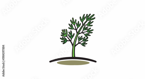 Stylized green plant with delicate leaves emerging from dark soil