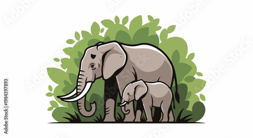 Two elephants, large and small, stand amidst lush green foliage