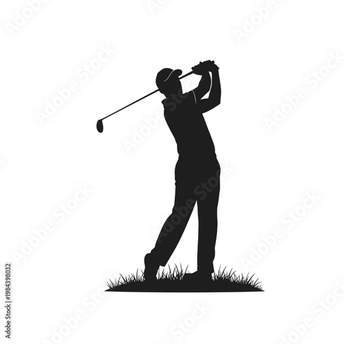 Golfer Silhouette Vector Illustration Swinging Club on Grass