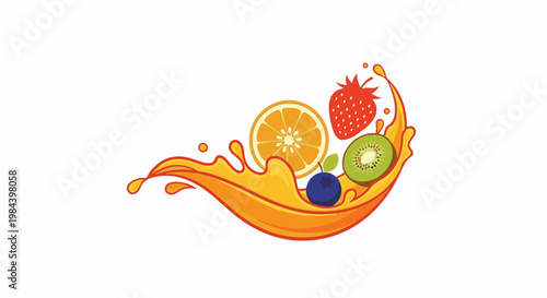 Vibrant splash of orange juice with fresh fruits including strawberry, kiwi, orange slice, blueberry