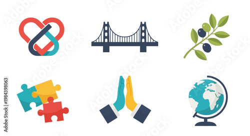 Collection of Diverse Symbols Representing Unity and Global Connectivity