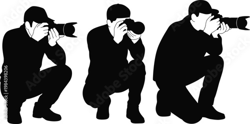Photographer silhouette with camera shooting poses, professional photography vector illustration, creative media person collection design set