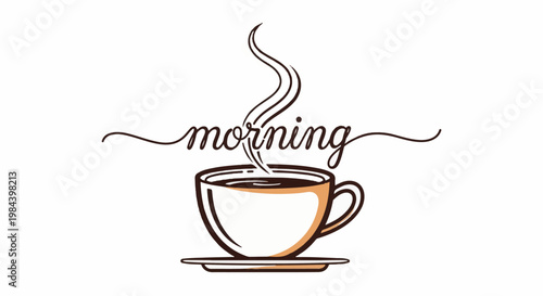 A steaming cup of coffee with the word "morning" written above it