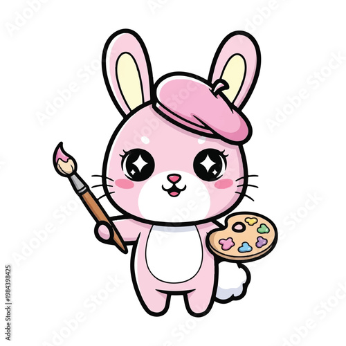Cute pink bunny artist painter.