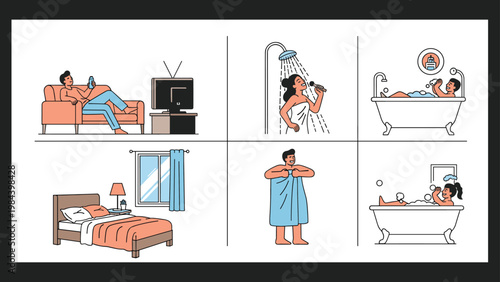 Set of scenes showing a daily routine including watching television, taking a shower, bathing, and sleeping.