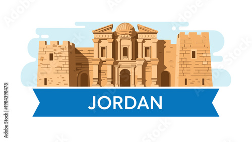 Detailed illustration of the ancient Ad Deir monastery carved into the sandstone cliffs in Petra, Jordan.