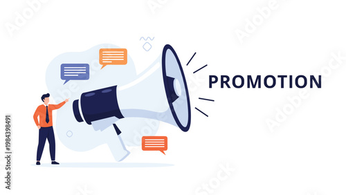 Marketing promotion concept with a man pointing toward a giant megaphone surrounded by speech bubbles.